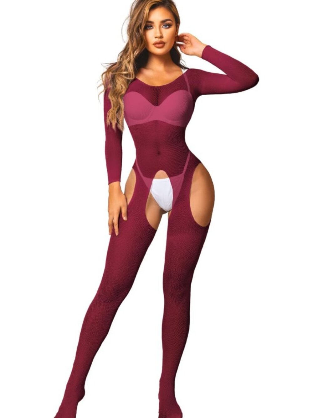 Women's Body Stocking Deep Burgundy High Neck Fishnet Sleeveless Nightwear